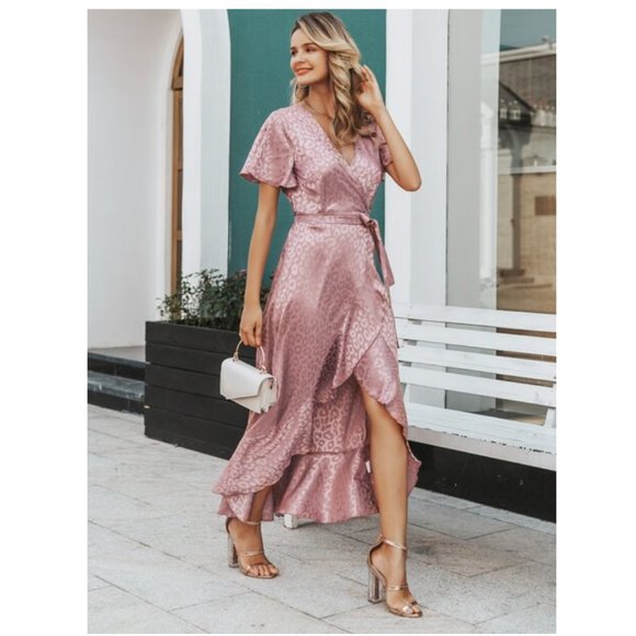 Simplee Dusty Pink Leopard Asymmetrical Ruffle Hem Wrap Belted Satin Dress Sz L - Picture 4 of 14